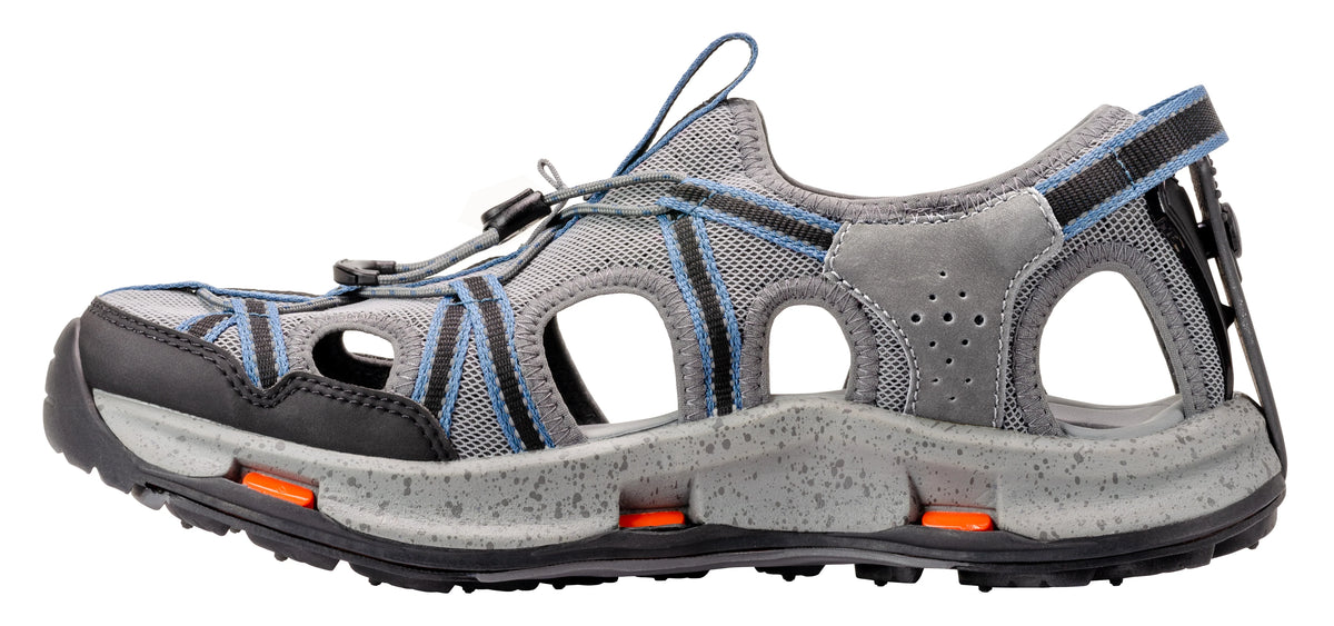 Korkers Men's Swift sandal, inner side view showing open panels and midsole ports