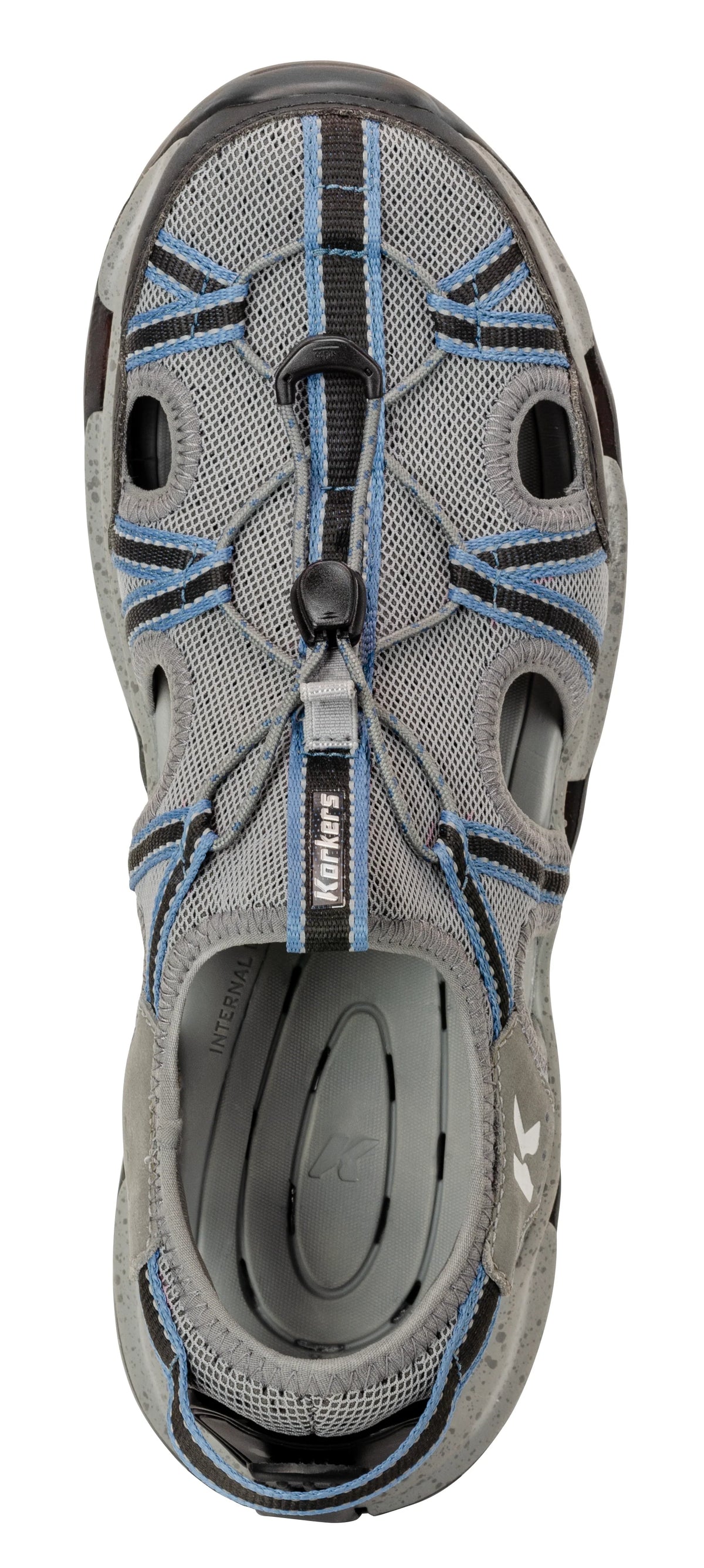 Korkers Men's Swift sandal, top view showing cord closure and footbed