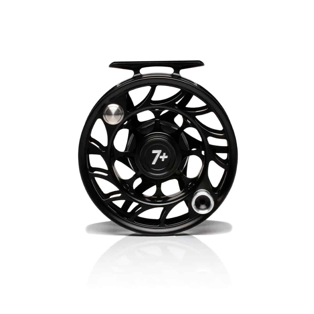 704715337382 Hatch Outdoor Iconic Fly Reel 7 Plus Black Silver Large Arbor Front