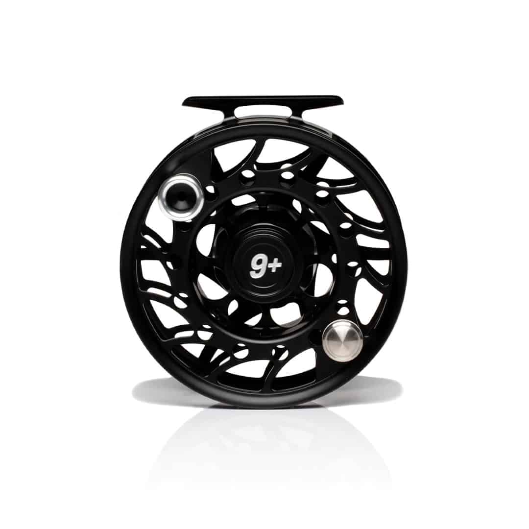 704715337559 Hatch Outdoor Iconic 9 Plus Fly Reel Black Silver Mid Arbor Front