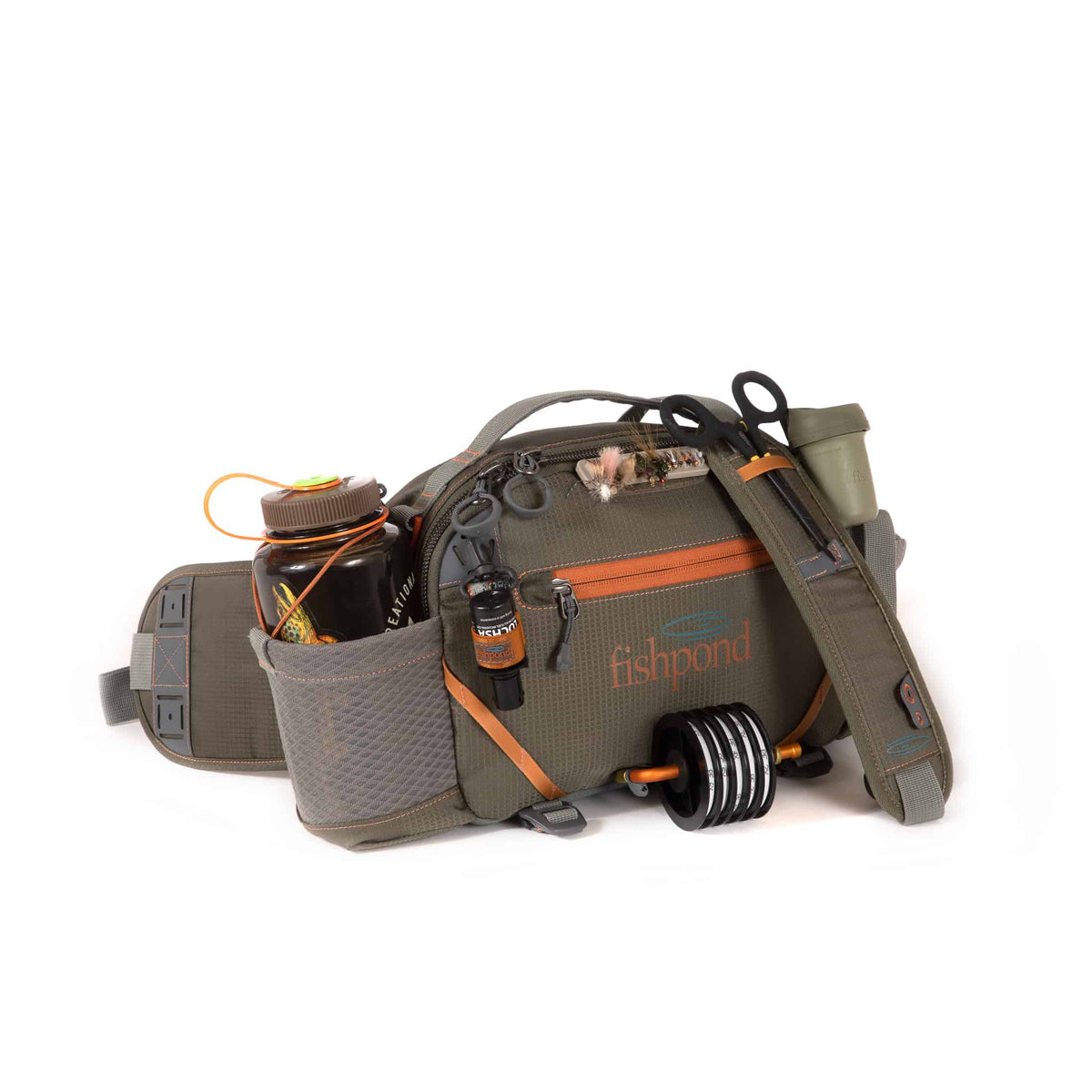 816332015694 EHLP-P Fishpond Elkhorn Lumbar Pack Pebble New Fishpond Waist Pack Front With Accessories
