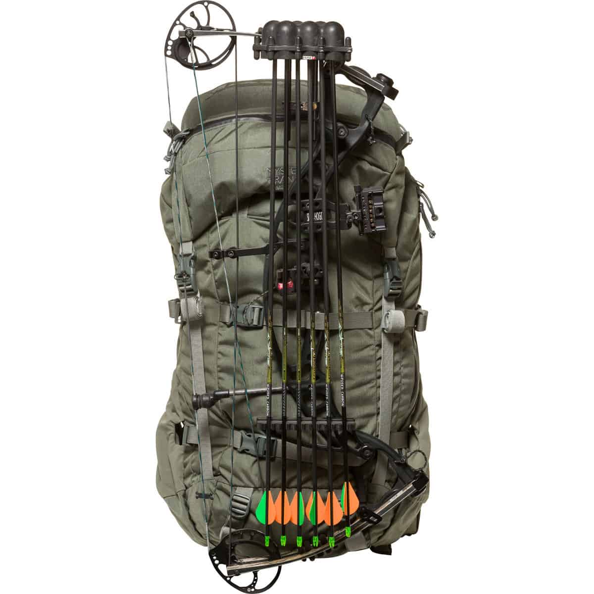 888564183090 112372 Mystery Ranch Metcalf 71L Hunting Backpack Foliage Front With Bow Stowed