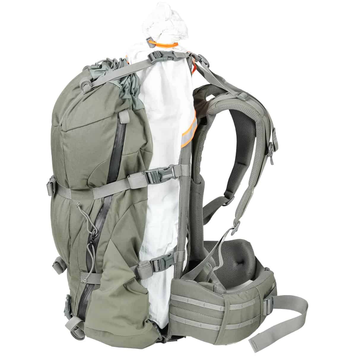 888564183090 112372 Mystery Ranch Metcalf 71L Hunting Backpack Foliage Side Three Quarter Hauling Mode