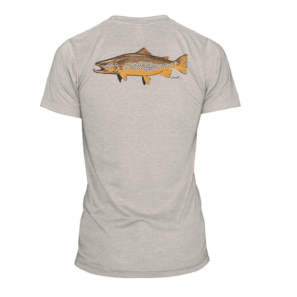 BNAR91 RepYourWater Artist&#39;s Reserve Brown Trout T Shirt Heather Dust Back