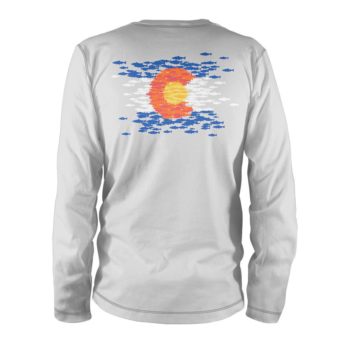 COMS85 RepYourWater Colorado Flag Fish Mosaic Performance Long Sleeve Tee Ultra Light Sun Shirt Light Gray Back