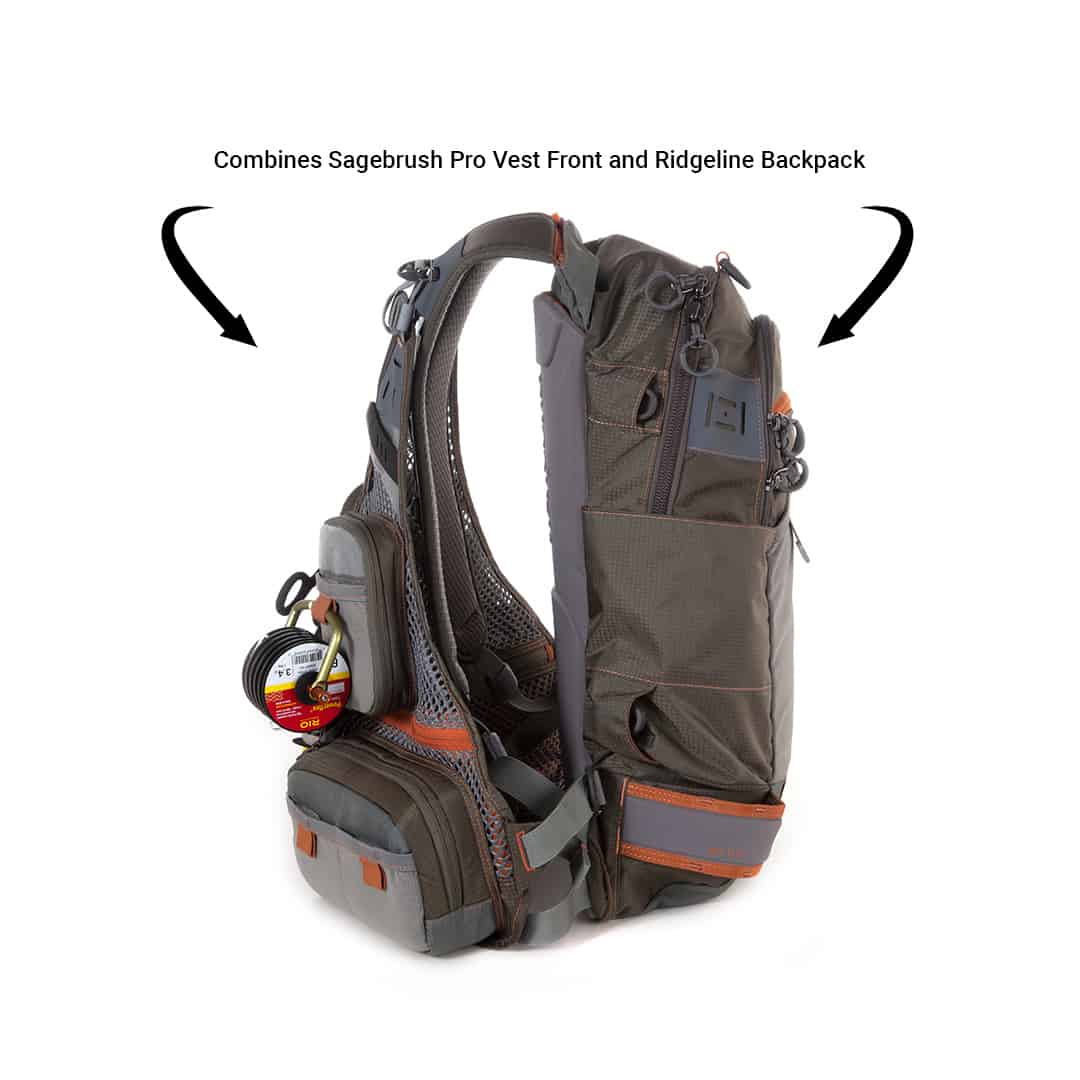 RLTP 816332014963 Fishpond Ridgeline Tech Pack Fly Fishing Vest and Travel Backpack Showing Sagebrush pro and ridgeline backpack