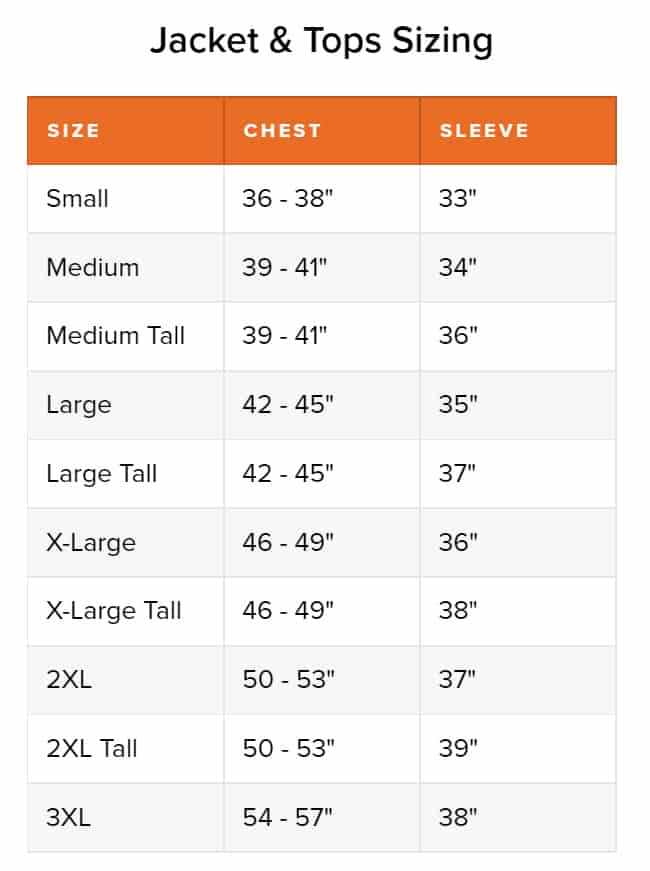 SITKA Men&#39;s Size Chart for Hunting Jackets and Tops