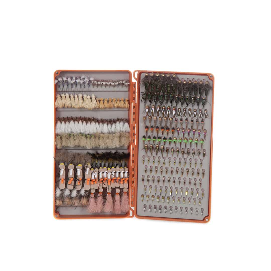 TDHFB-BO 816332014307 Fishpond Tacky Double Haul Double Sided Silicone Slit Fly Box Open Filled With Flies