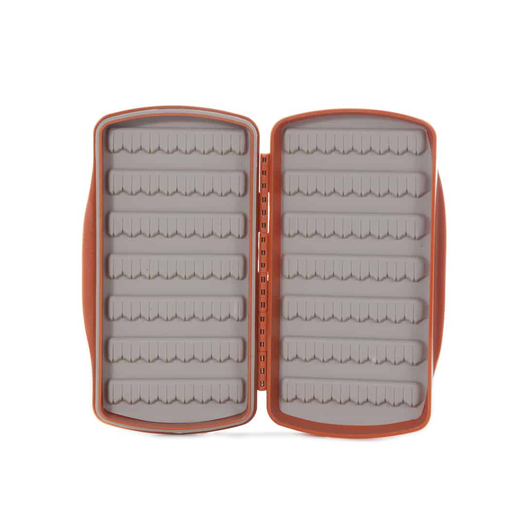 TPFB-BO 816332014314 Fishpond Tacky Pescador Waterproof Fly Fishing Fly Box With Silicone Insert Burnt Orange Showing Both Sides of Silicone Tacky Fly Holders