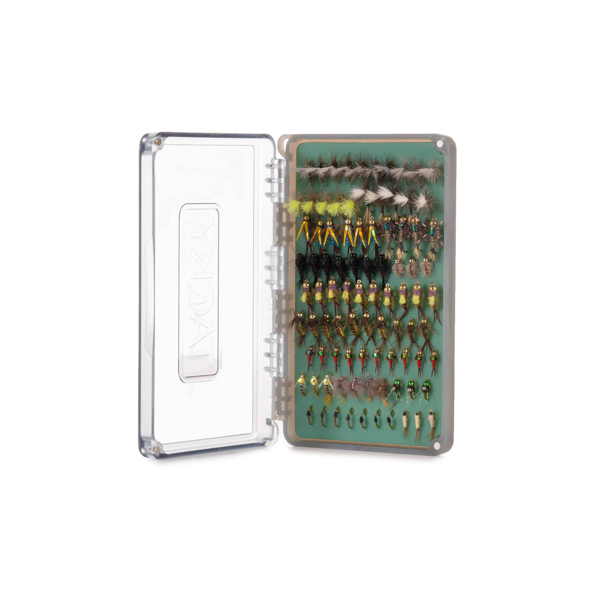 Tacky Day Pack Fly Box Single Sided Fly Box With Silicone Storage Slits Open Loaded With Flies Wide Open