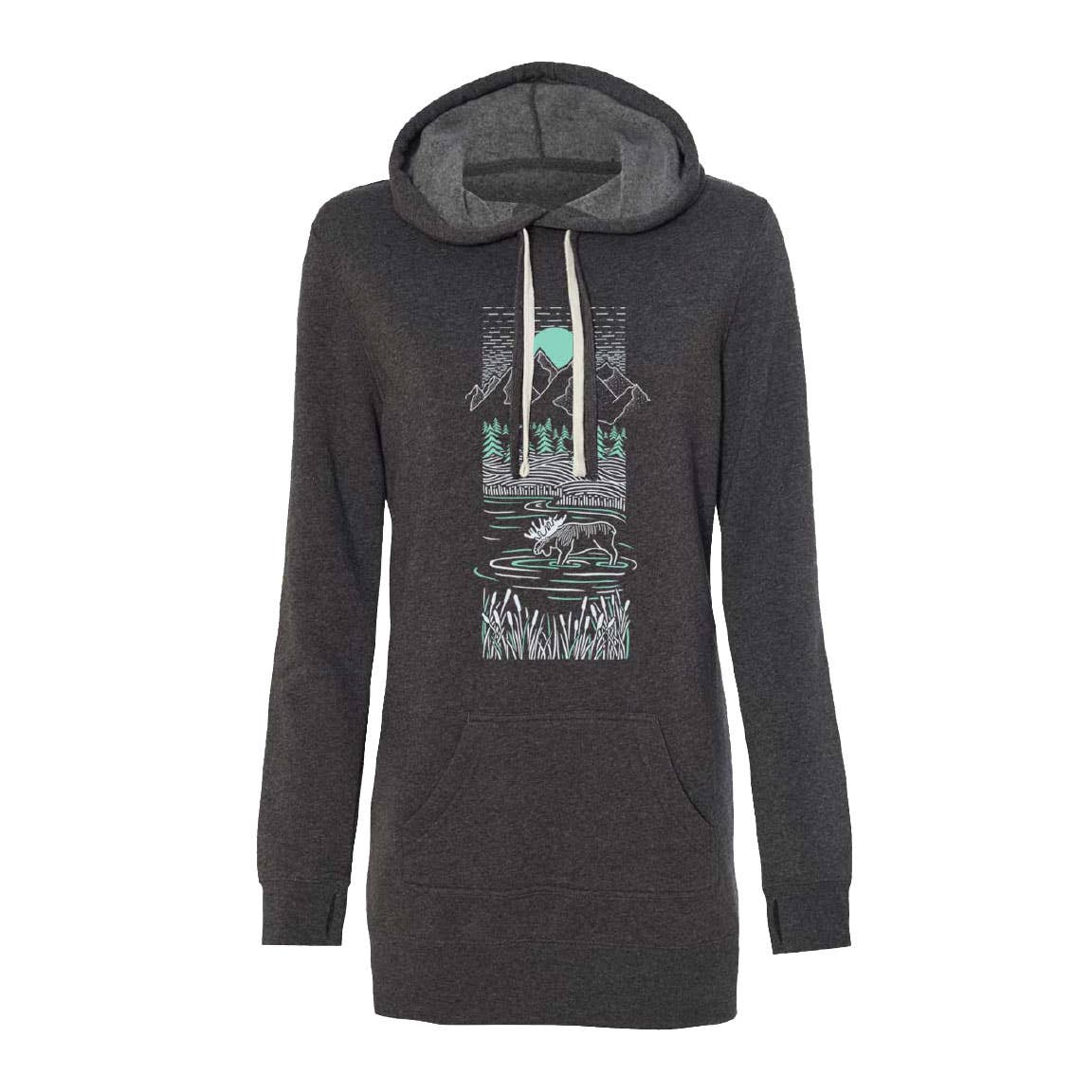 Vela Apparel - Piney Moose Hooded Sweatshirt Dress | Cyan & Charcoal